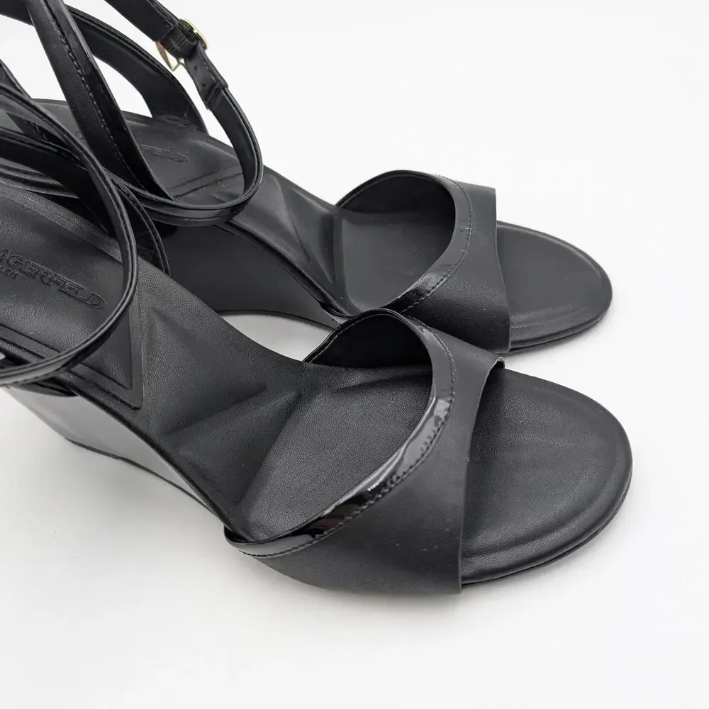 Karl Lagerfeld Paris Kersey Wedge Sandals Women's Black Size US10M EU41B